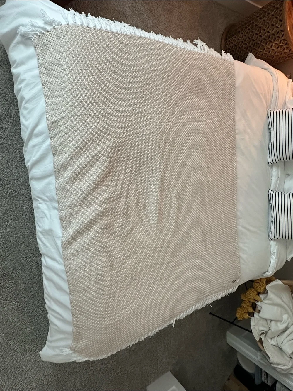 Tommy Bahama Neutral Beige Woven Throw Blanket with Fringe